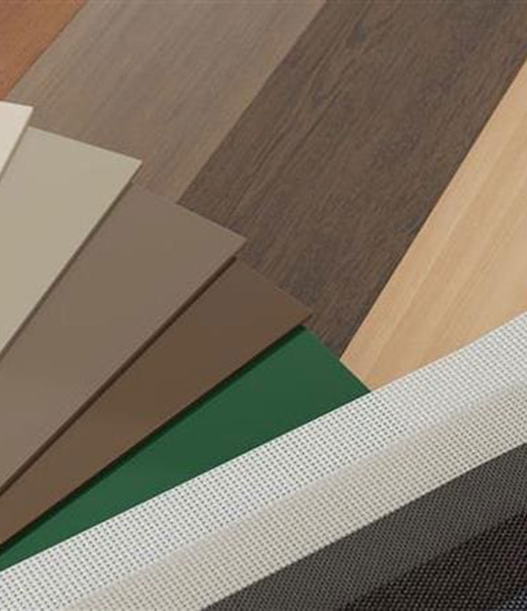 Color and material samples including wood tones, mesh, and finish options